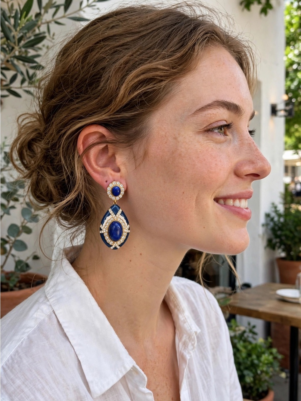 New Lapis Lazuli Dangle Earrings with Crystal Accents, 925 Silver Posts E077